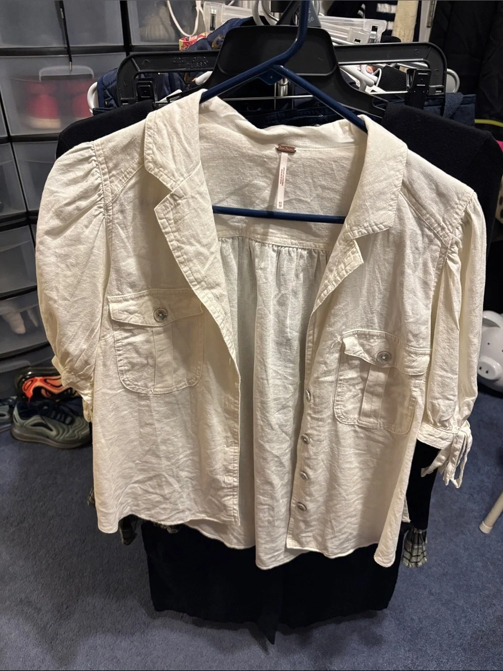 Free People Cream Button-Front Puff Sleeve Blouse